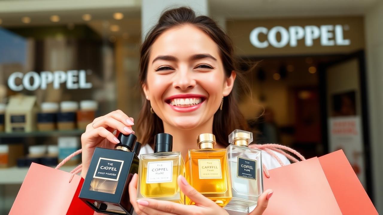 Mujer mostrando los perfumes de marca adquiridos con descuento en Coppel